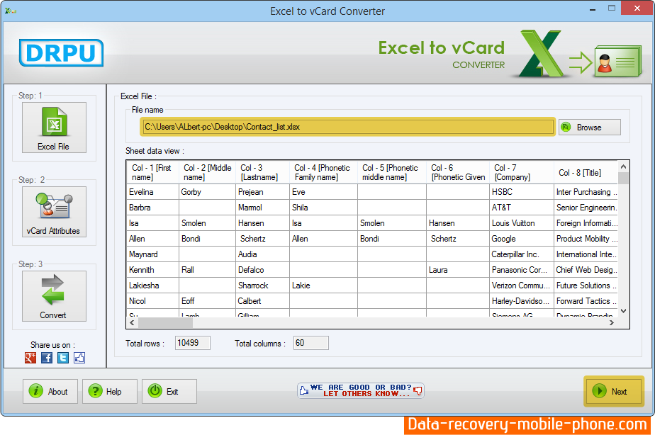Excel to vCard converter Screenshot