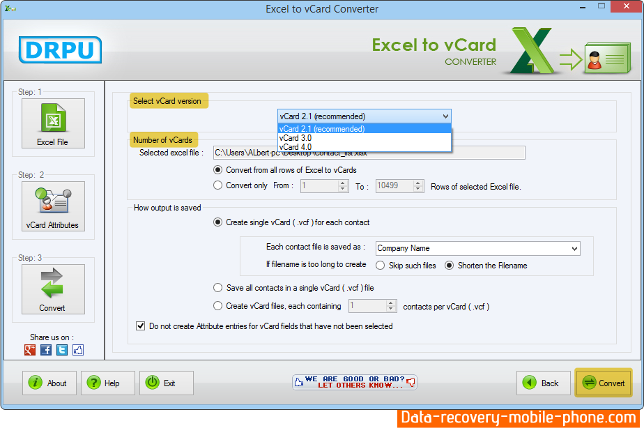 Select Number of vCard and Convert