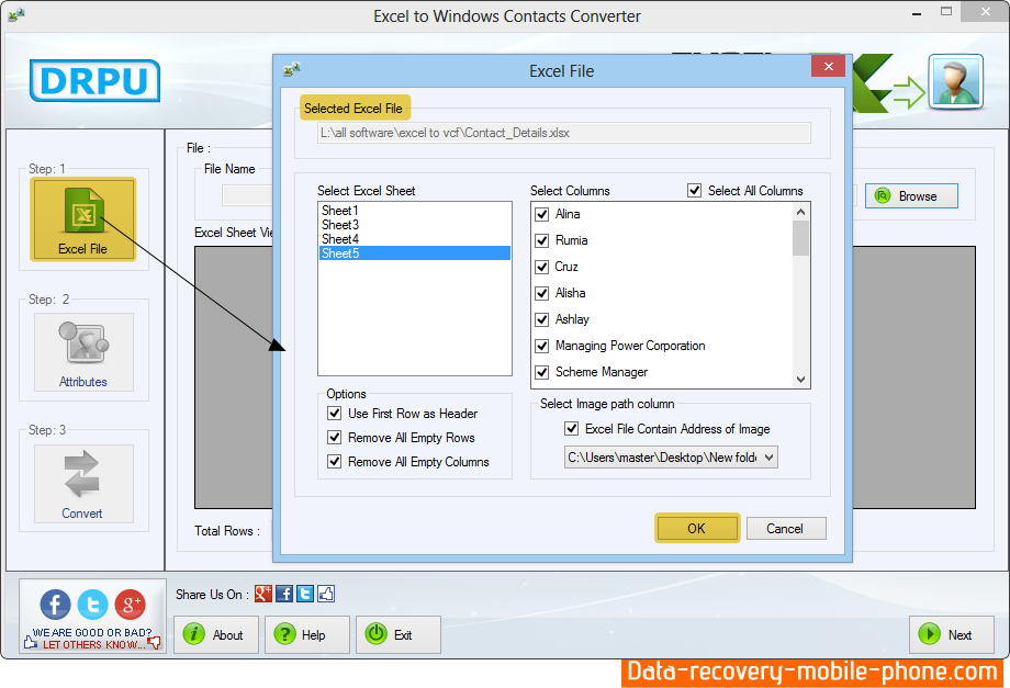 Select excel sheet of contacts