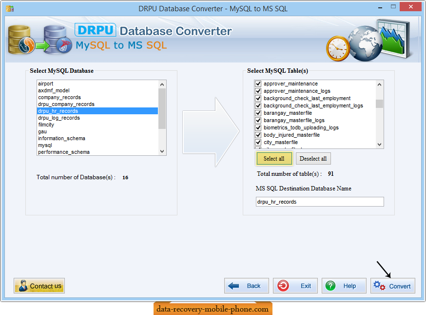 Select MySQL Database and Tabels to convert