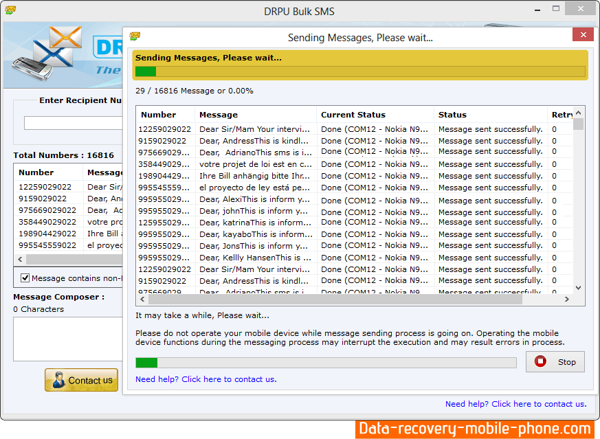 View status of SMS sending process