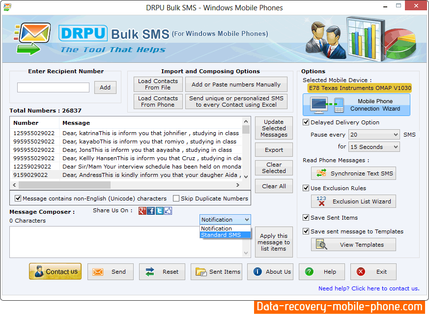 Bulk SMS Software for Windows based mobile phones Screenshot